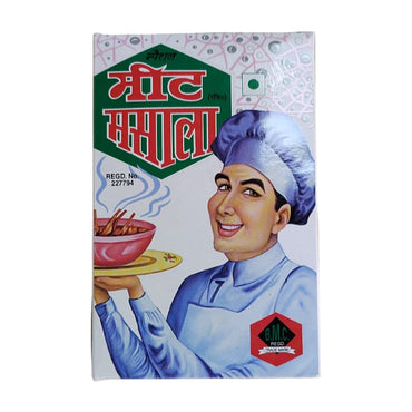 Vintage-style product packaging with a person holding a bowl on a wooden surface