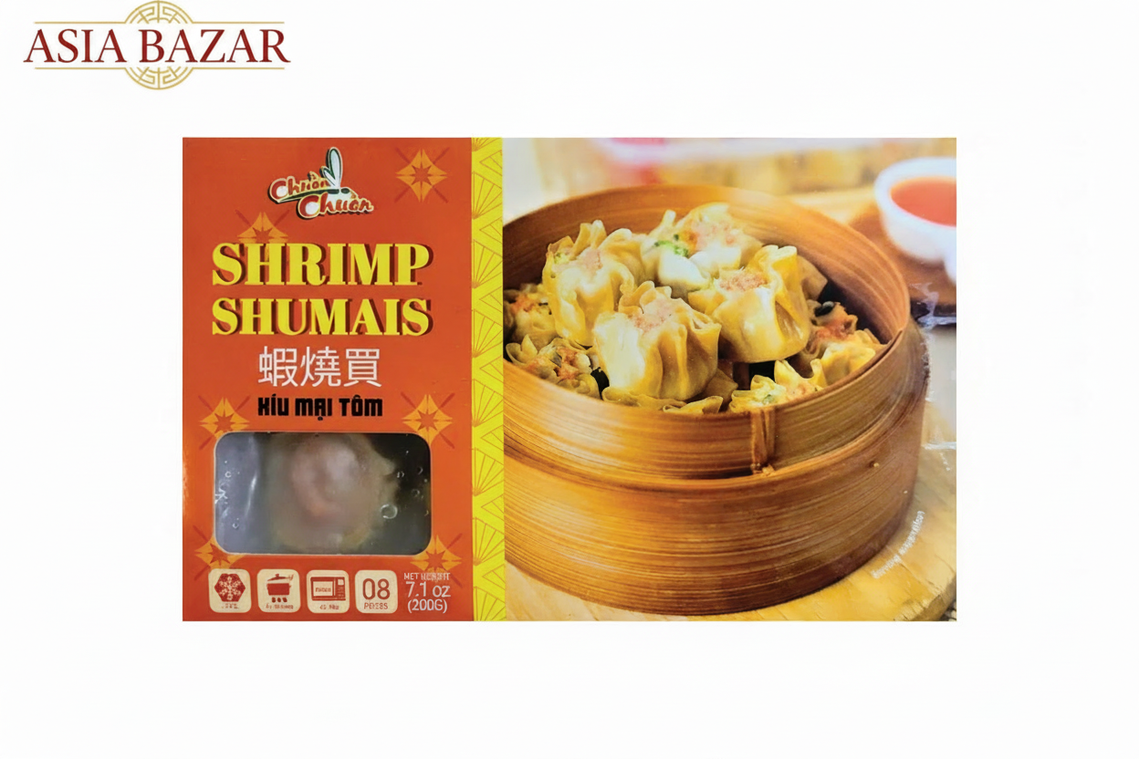 Shrimp shumai packaging with steamer basket and dumplings on a wooden surface